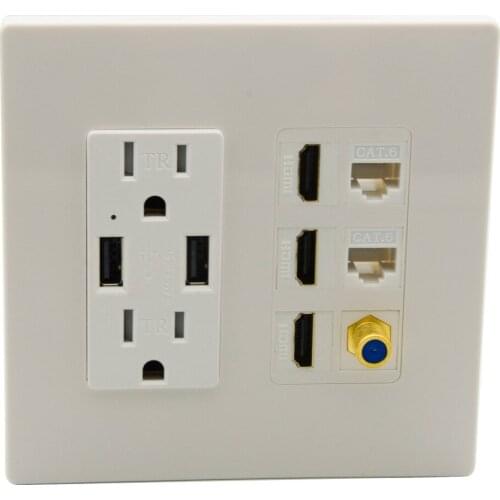 2 Gang No Screw Style 2 Ports Electric Power 2 Ports USB Charger 3 Ports HDMI 2 Ports CAT6 RJ45 1 Port Coaxial RG6 Wall Plate