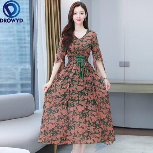 2021 Party Vestidos Dress for Women Chiffon Dresses Short Sleeve Shirring Red Green Floral Bohe Womens Midi Casual Lady Dress