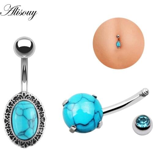 Alisouy 1pc piercing nombril Blue Stone Navel Belly Button Ring Piercing Surgical Steel Belly Piercing Navel piercing omblingo