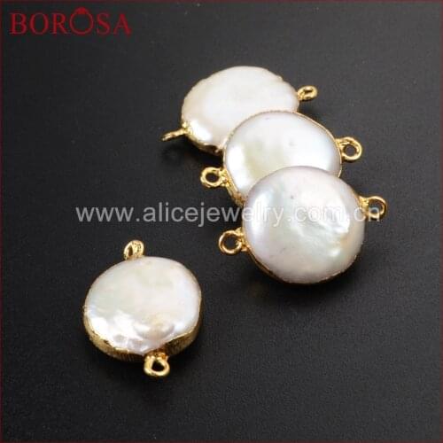 BOROSA 5Pcs Gold Plating Natural White Pearl Pendant Beads New Round Pearl Connector for Women Necklace&Bracelet Making G1071
