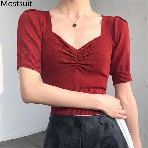 Korean Vintage Knitted Crop Tops Women Summer Short Sleeve V-neck Folded Knitwear Pullover Fashion Ladies Jumpers Sweaters 2021