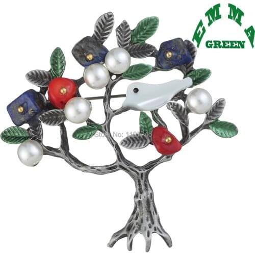Pins for women Stone Brooch Pin Retro Tree and Bird pins Pearl Suit Hijab Pins for Wedding Party Bouquet Corsage clip pin Brooch