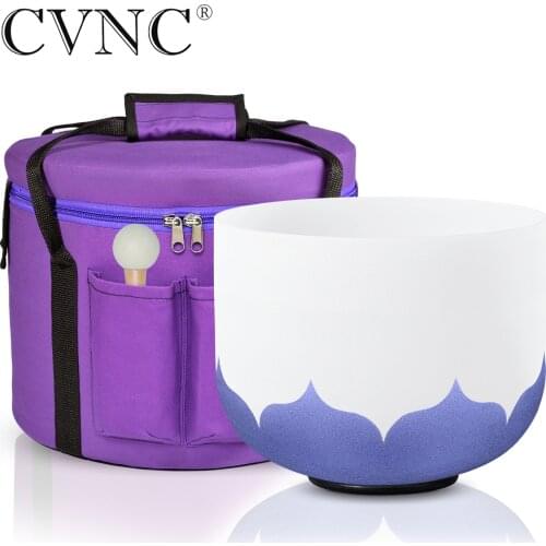CVNC 8" 432Hz or 440Hz Note A Third eye Chakra Frosted Quartz Crystal Singing Bowls with Lotus pattern +1pc 8" Carry bag