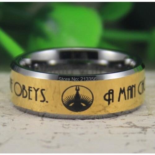 Cheap Price Free Shipping USA Canada Hot Selling 8MM BioShock-"A man chooses,a slave obeys" New New Golden Tungsten Wedding Ring