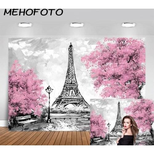 MEHOFOTO Fantasy Wedding Theme Eiffel Tower Photography Backdrop Pink Flowers Trees Paris Background Photo Booth Studio Prop