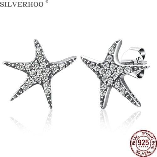 SILVERHOO 925 Sterling Silver Cute Sea Star Earrings For Women Trendy Full Cubic Zirconia Stud Earring Hot Sale Fine Jewelry