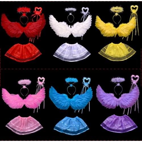 White Black Children Feather Angel Wings Set with Halo Girl Tulle Tutu Skirt Headband Fairy Wand Party Performance Costume