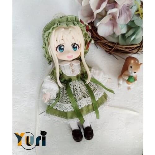 Anime OB11 Doll Use Bow Green Three-piece Dress Outfit Cosplay Costume 1/12 BJD Doll Clothes Retro Handmade Toy Clothing C