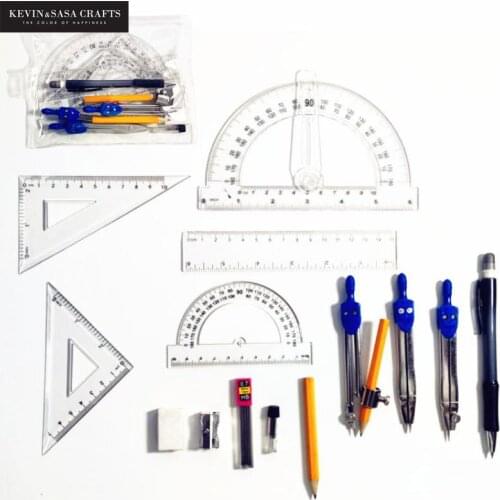 15 Piece Set Geometry Set with Swing Arm Protractor, Divider, Set Squares, Ruler, Compasses and Protractor By Kevin&Sasa Crafts