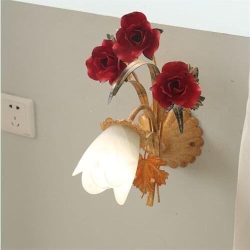 French Pastoral Rose Flower Bedroom Wall Lamp Porch Restaurant Wrought Iron Glass Lighting Living Room Corridor Balcony Fixtures
