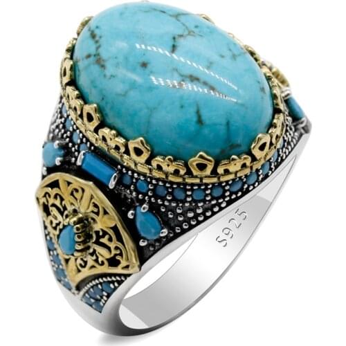 Natural Turquoise Ring 925 Sterling Silver Mens Ring Castle Turkey Auspicious Fashion Retro Wedding Ring