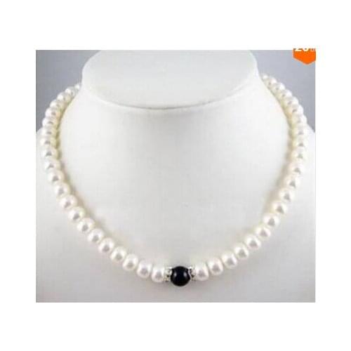 Charming 7-8mm White FW Pearl + Black stone Necklace 18>> Factory Wholesale price Women Giftword Jewelry for women jewelry