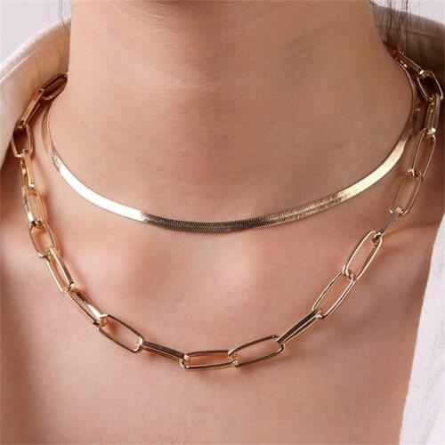 Fashion Gold Color Double-Layered Snake Chain Link Choker Necklace For Women Bohemian Multilayer Chain Charm Necklaces Jewelry