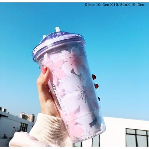 Sakura BPA Free Plastic Cups with Lids and Straw Water Bottle for Drinking Coffee Mug Juice Milk straw cup Hidden Straw Ice Cup