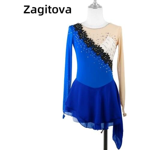 Sapphire Figure Skating Dress Long Sleeves Ice Skating Skirt Womens And Girls Shiny Diamond Competition Dress Sequins Flowers