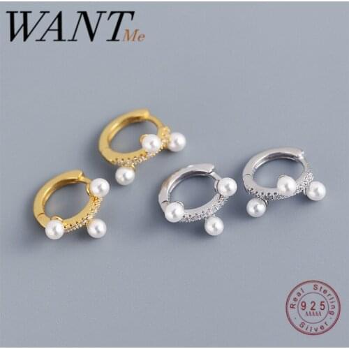 WANTME Genuine 925 Sterling Silver Minimalist Pave Zircon Round Freshwater Pearl Ear Buckle Bohemian Rock Jewelry Charm Earrings