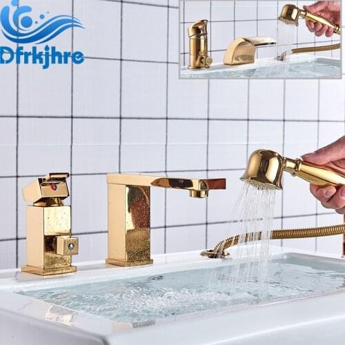 Gold Brass Waterfall Spout Roman Tub Sink Single Handle 3pc