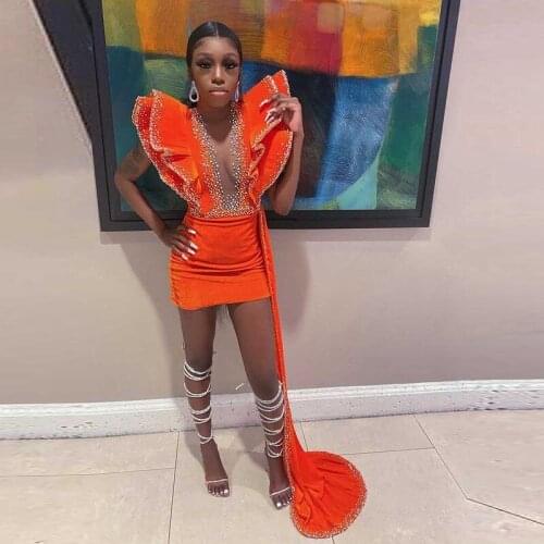 Deep V Cut Velour Prom Dresses Mini Short Party Dress Beads vestidos de curto Orange Ruffles Velvet Prom Gowns Overlay