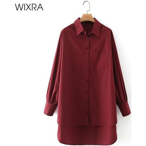 Wixra Womens Long Blouse Tops Turn-Down Collar Vintage Color Full Sleeve Simple Style Lady Casual Style Clothes Blusas