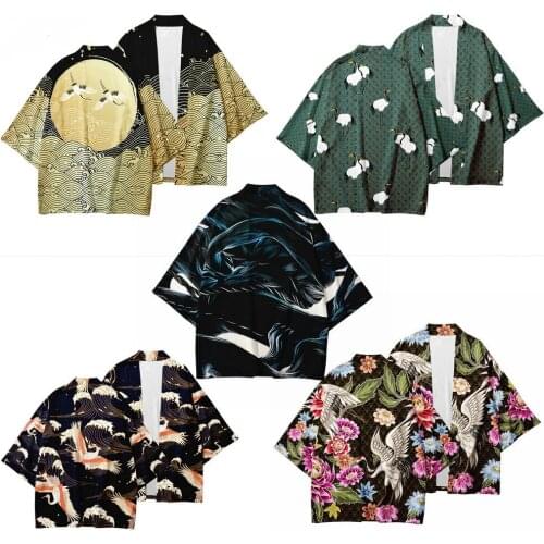 Japanese Kimono Traditional Clothing Samurai Crane Kimono Dress Shirts Men Women Samurai Haori Hombre Yukata Man Cardigan Shirt