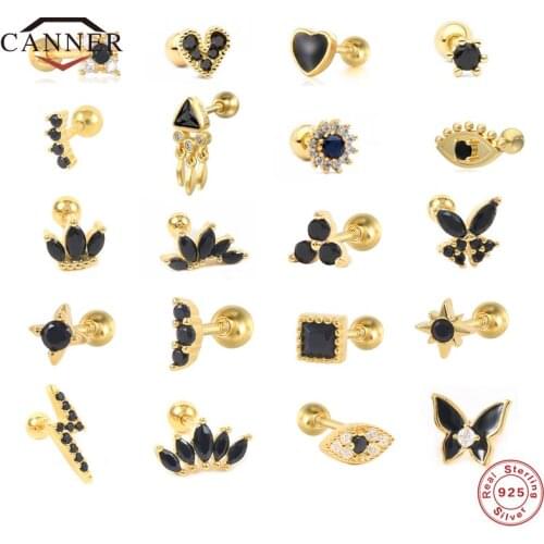 CANNER Small Black Zircon Stone Stud Earrings For Women 925 Sterling Silver Cartilage Pierced Earring Fine Jewelry Accessories