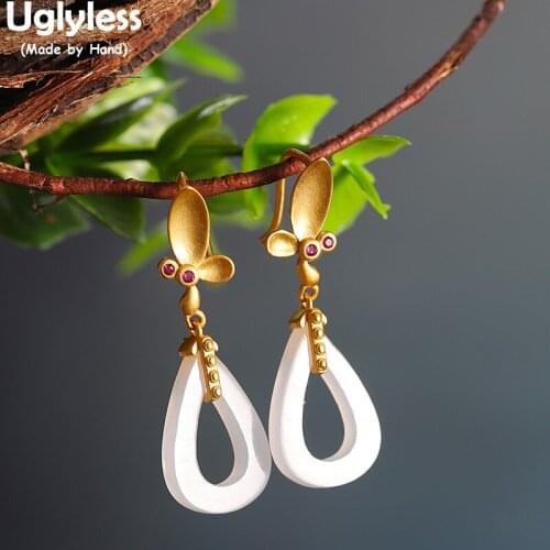 Uglyless Hollow Water Drop Jade Earrings for Women Handmade Dragonfly Gold Earrings Real 925 Silver Insects Brincos Bijoux Gems