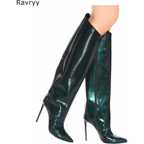 Deep Green Woman long Boots Fashion Thin heel pointed toe Female Knee-high Boots autumn fashion Model outfit Party dress shoes