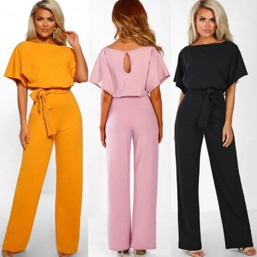 Body Top Polyester Regular Solid Vadim Large Size Pants 2019 New Womens Jumpsuit Round Neck High Waist Women Jumpsuits For