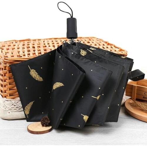 Female Feather 3 Folding Black Coating Umbrella Sunscreen Anti-UV Sun Umbrella Korea Female Personality Creative Parasol