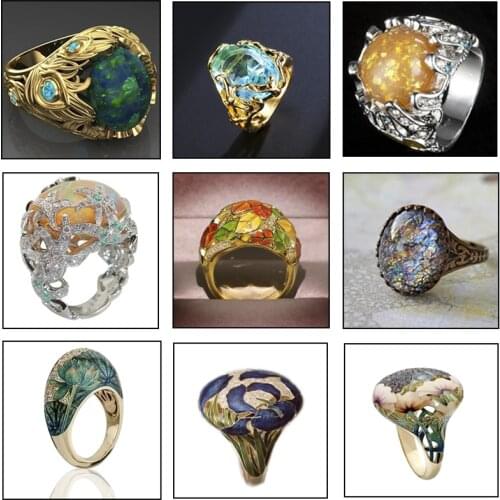 9 Styles New Fashion Female Hot Selling Golden Retro Hand-painted Oil Ring for Women Inlaid Banquet Ring Jewelry Whole Sale