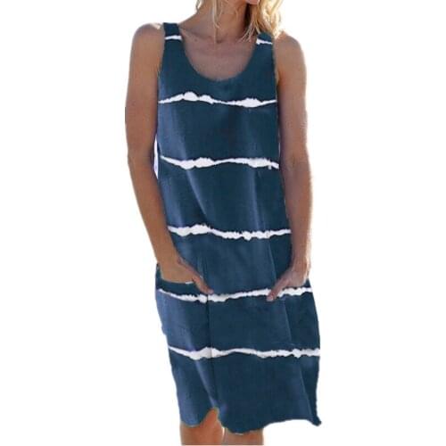 Tie Dye Clothing Striped Summer Casual Women Sleeveless Vintage Dress Big Size 5xl Sukienka Streetwear Round Neck Dress Pockets