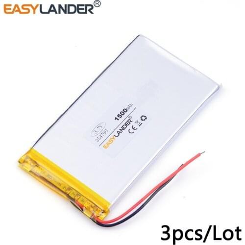 3pcs /Lot 3.7v lithium Li ion polymer rechargeable battery 354790 1500mAh For tablet pc,power bank,pipo