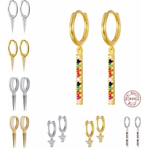 Aide 925 Sterling Silver Colorful Zircon Small Geometric Hoop Earrings Exquisite Triangle Cone Pendant Earrings For Women Girls