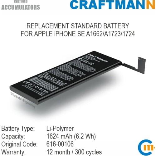 Craftmann Battery 1624mAh for APPLE iPHONE SE A1662/A1723/1724 (616-00106)