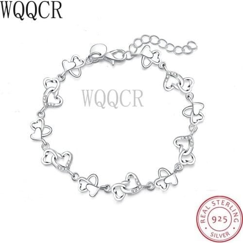 WQQCR Ture Love Double Heart 925 Sterling Silver Link Chain Bracelet New Romantic Women Parure Bijoux Femme High Quality