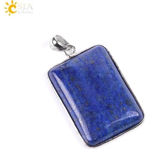 CSJA Lapis Lazuli Square Pendant & Necklace Rectangle Natural Stone Charms Jewellery for Women Men Necklaces Free Shipping E786