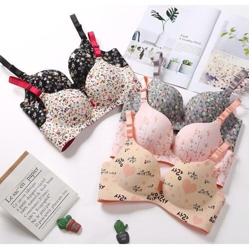 Women Floral Push Up Seamless Bra Sexy Lingerie Flower Print Gathered Bras One-Piece Underwear