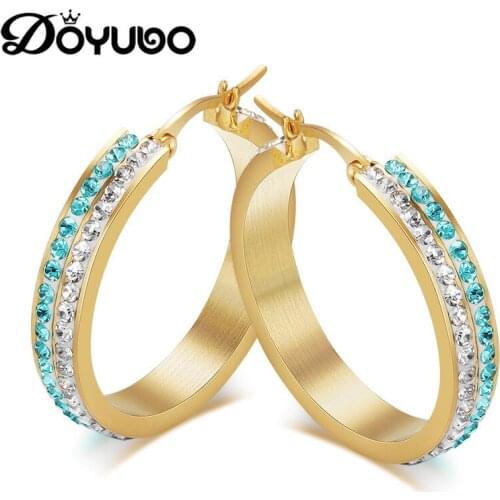 DOYUBO Colorful Womens Anaphylaxis Stainless Steel Hoop Earings Gold Color Double Rows Clay Crystal Earrings Lady Jewelry DB063