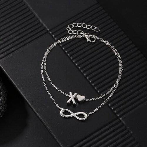 Double Thin Chains 26 Words 8 Shaped Small Love Heart Pendant Silver Plated Golden Anklets For Women