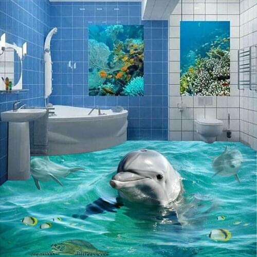 Custom Photo Floor Wallpaper Cute Dolphin Bathroom Floor Self-adhesive PVC Waterproof Mural Wallpaper For Living Room Decoration