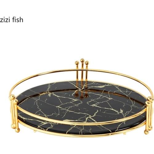 Imitation Marble Ceramic Storage Trays Dressing Table Cosmetic Organizer Display Tray Golden Handle Bathroom Storage Shelves
