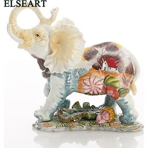 Painted ceramic elephant with lotus house pattern ornament animal porcelain figurine for office home decoration