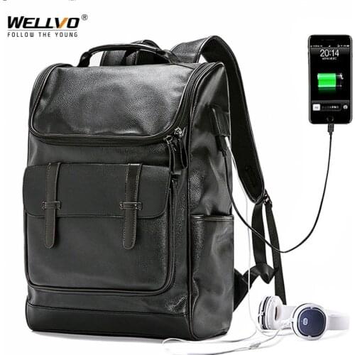 Leather School Backpack Portable Outdoor Travel Back Pack Men Large Capacity Multifunctional USB Charging Laptop Mochila XA216C