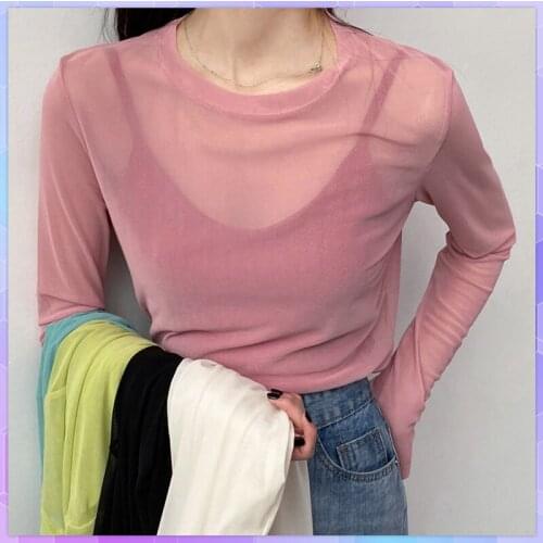 Summer Sexy Women T Shirt See Through Transparent Mesh Tops Candy Ice Silk Basic Shirt Long-sleeved Solid Top Thin T-shirts
