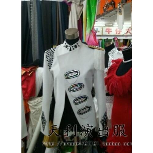 New White Fashion Mens Crystals Diamond Royal Jacket costumes Nightclub bar singer show performance coat male outfit costumes