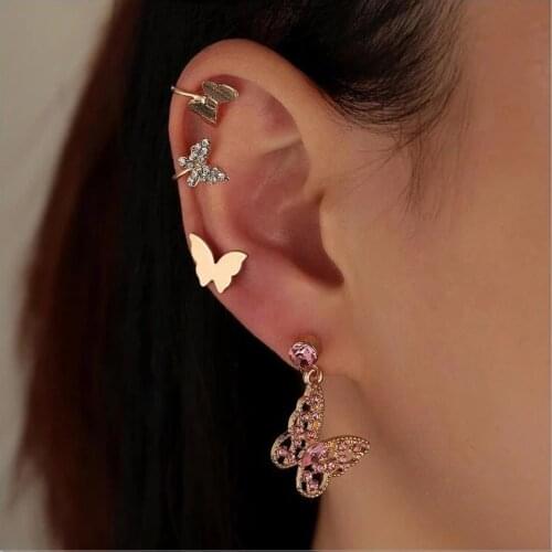 New European And American Summer Metal Pink Crystal Butterfly Sun And Moon Pendant Earrings Ladies Temperament Wild Earrings