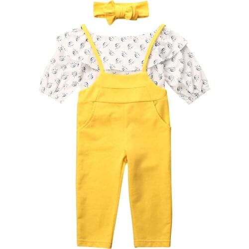 Toddler Baby Girl Kids Clothes Set Off Shoulder Ruffle Tops Long Suspender Pant+Headband Clothes Baby Girl Summer Clothing Set