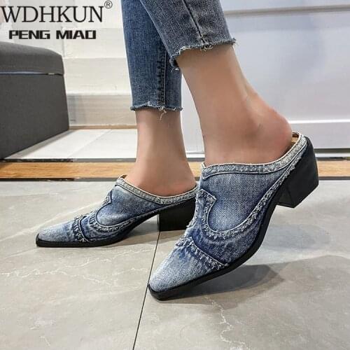 British Style Women Pointed Toe Sandals Luxury Outdoor Half Slippers Slip on Mules Femme Shoes Ladies Denim Chunky Heeled Slides