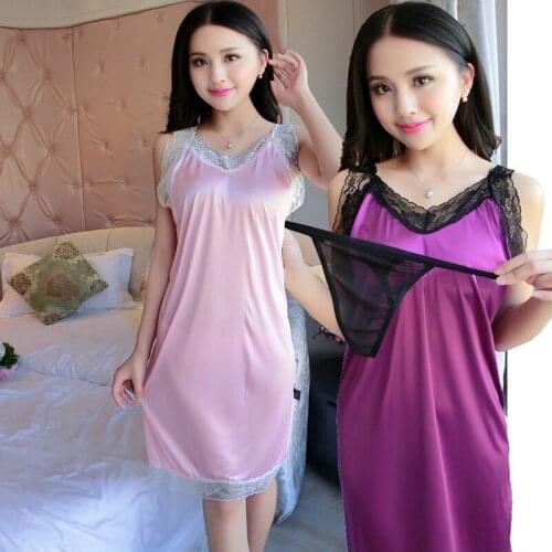Silk Satin Lace Sexy Lingerie Nightgowns for Women Summer Sleeveless V-neck Sleepwear Home Dress Night Dress Nightdress Nighty