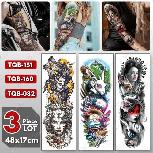 3 pcs/lot Large Arm Sleeve Tattoo Alice in Wonderland Waterproof Temporary Tattoo Sticker Leg Waist Body Art Fake Tattoo Women